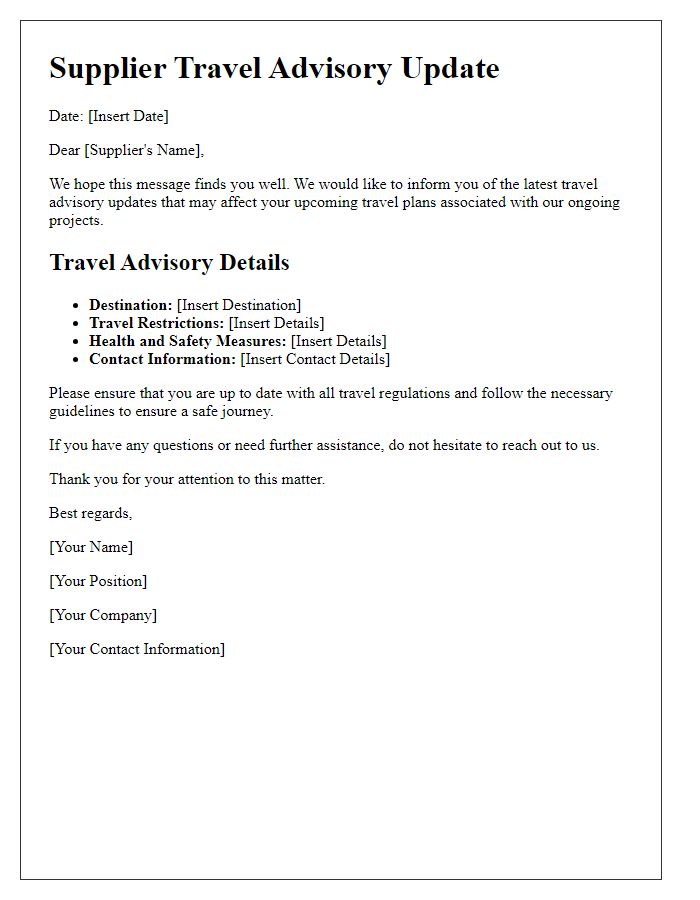 Letter template of Supplier Travel Advisory Update