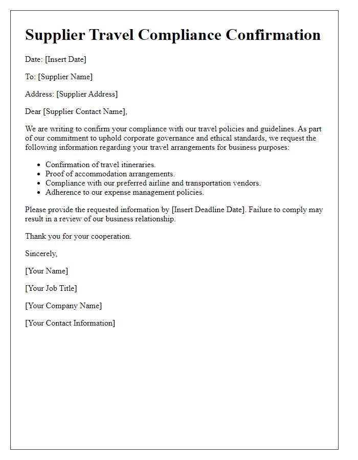 Letter template of Supplier Travel Compliance Confirmation