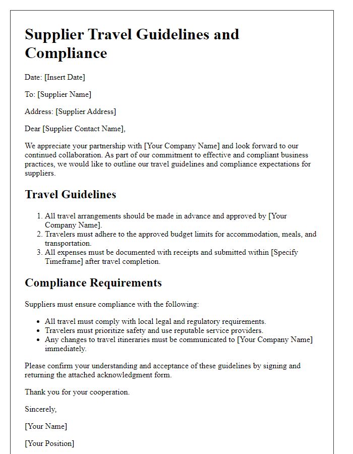 Letter template of Supplier Travel Guidelines and Compliance