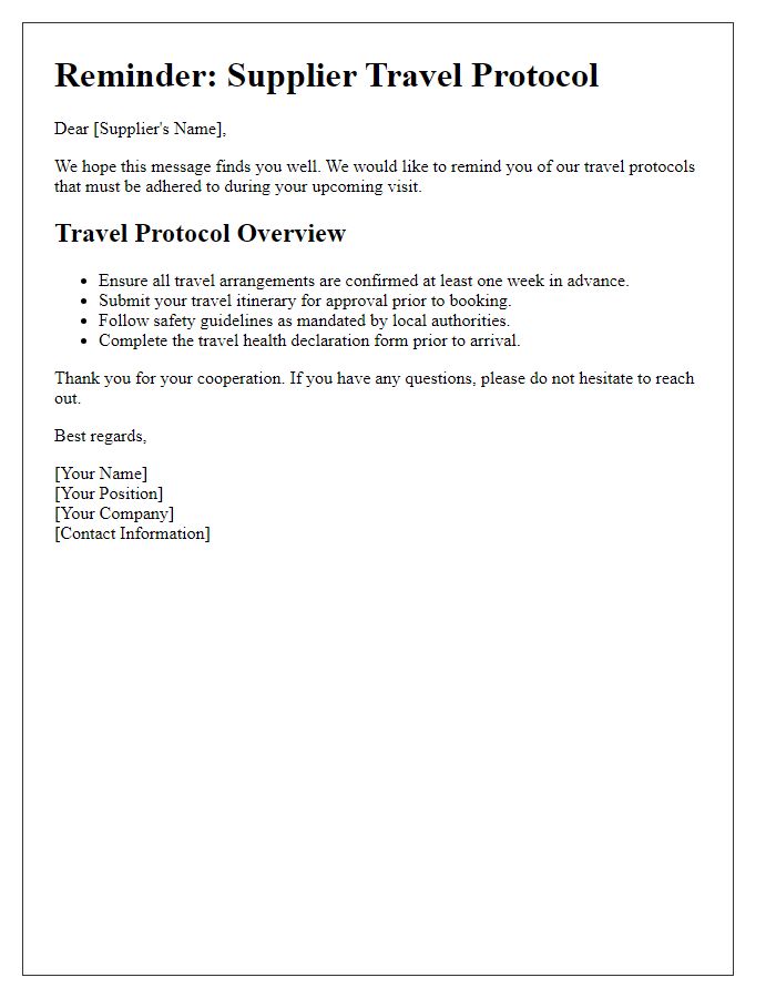 Letter template of Supplier Travel Protocol Reminder