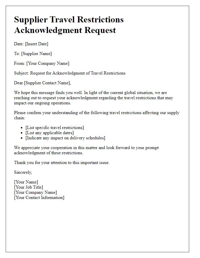 Letter template of Supplier Travel Restrictions Acknowledgment Request