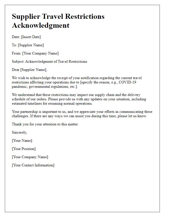 Letter template of Supplier Travel Restrictions Acknowledgment