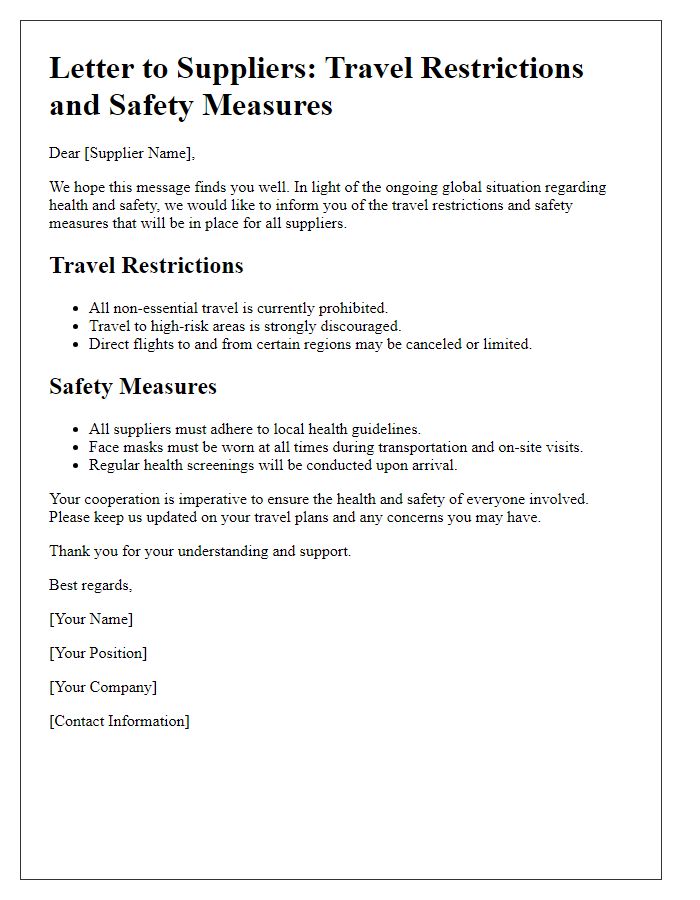 Letter template of Supplier Travel Restrictions and Safety Measures