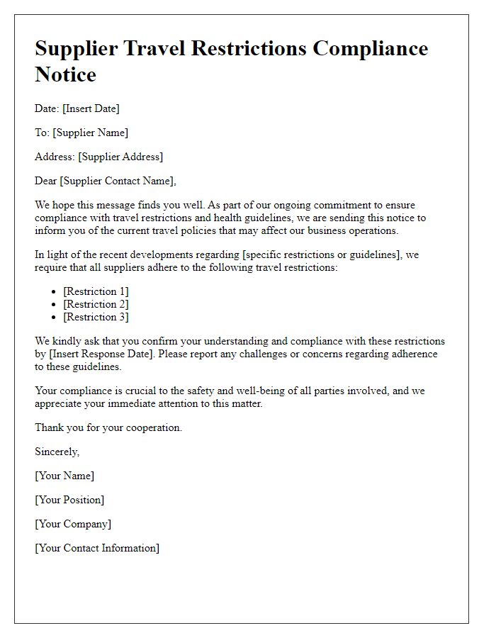 Letter template of Supplier Travel Restrictions Compliance Notice