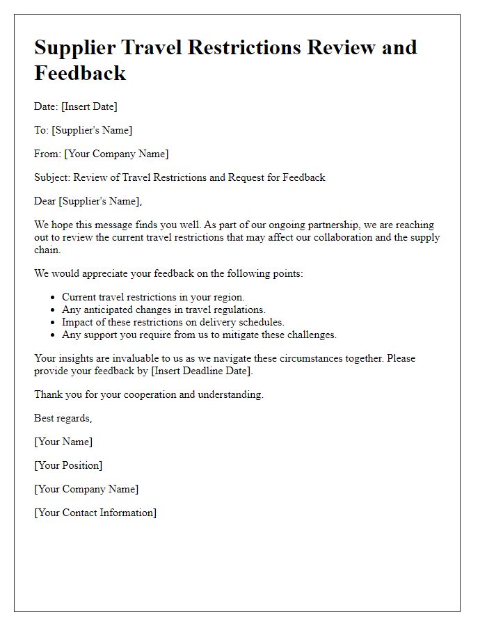 Letter template of Supplier Travel Restrictions Review and Feedback