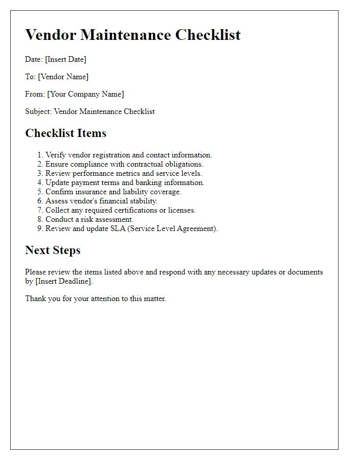 Letter template of vendor maintenance checklist