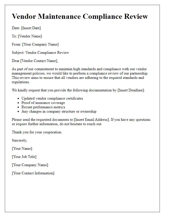 Letter template of vendor maintenance compliance review