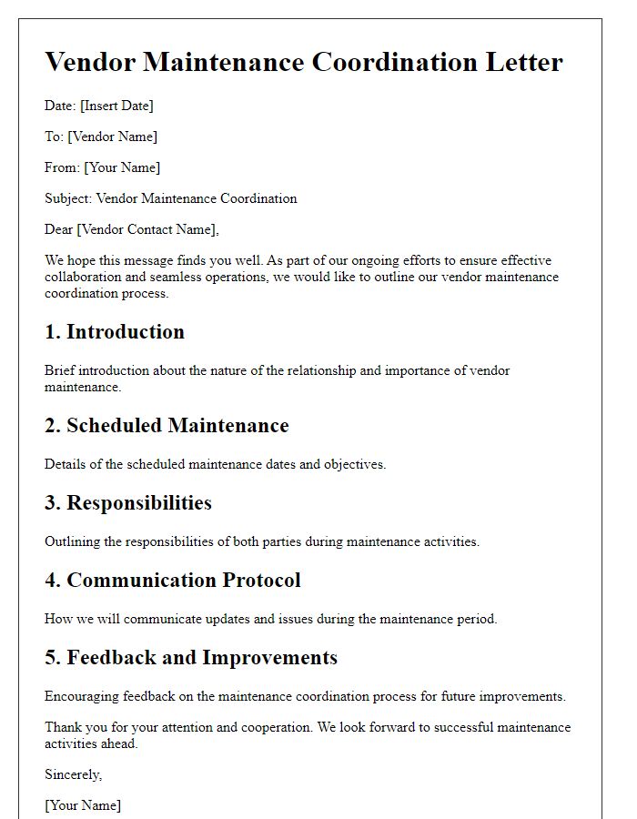 Letter template of vendor maintenance coordination outline