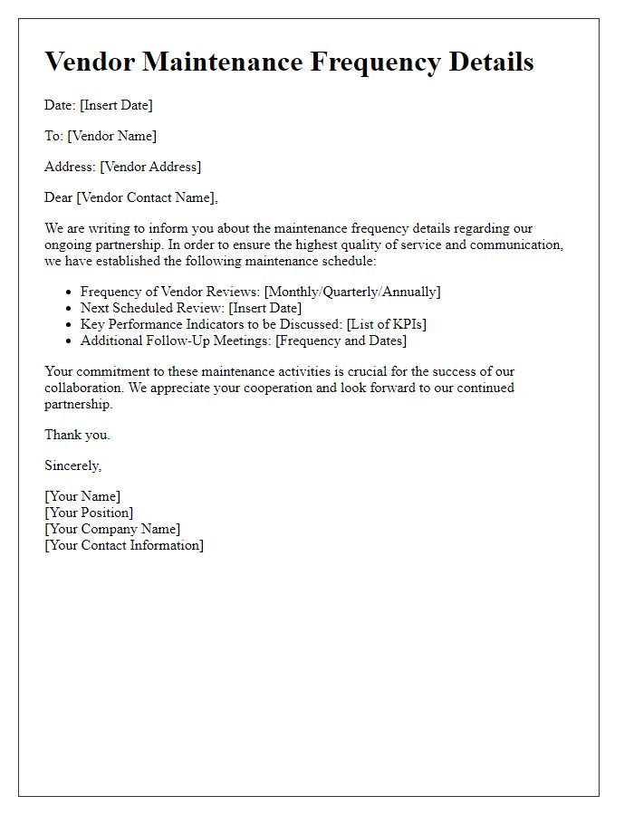 Letter template of vendor maintenance frequency details