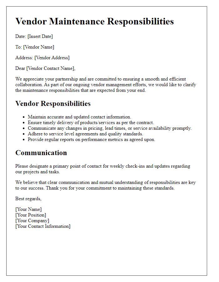 Letter template of vendor maintenance responsibilities