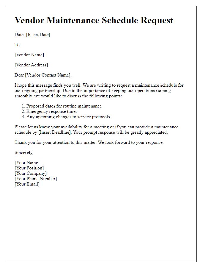 Letter template of vendor maintenance schedule request
