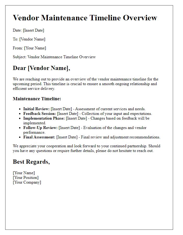 Letter template of vendor maintenance timeline overview