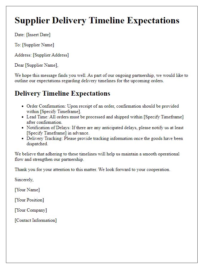 Letter template of supplier delivery timeline expectations