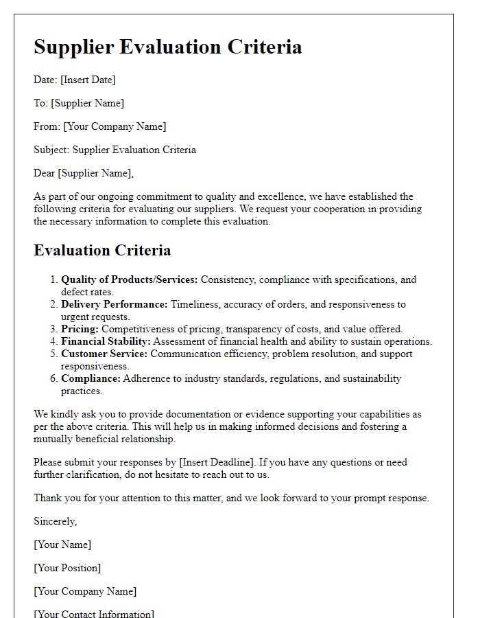 Letter template of supplier evaluation criteria