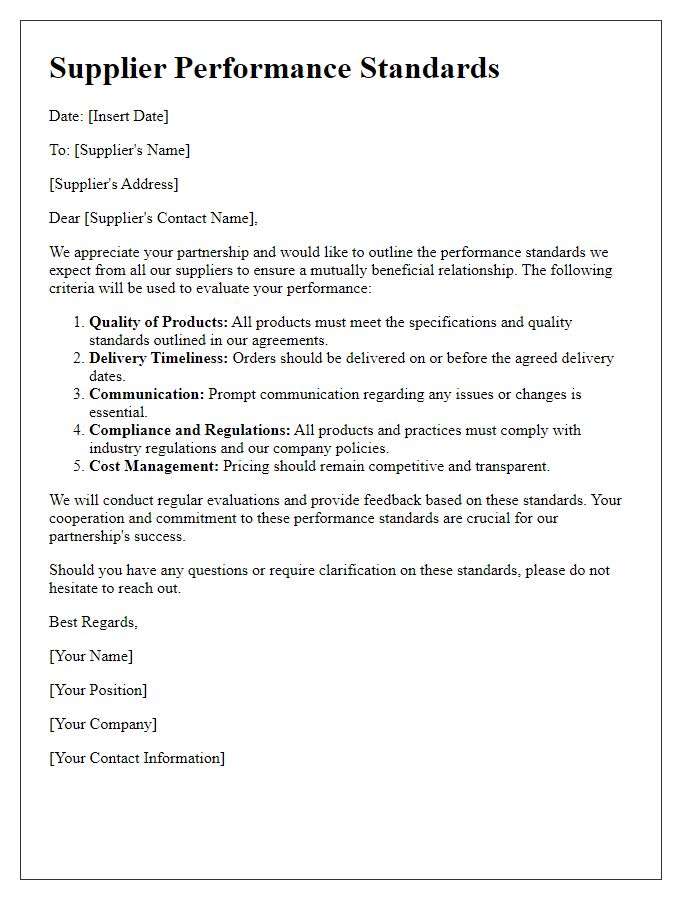 Letter template of supplier performance standards