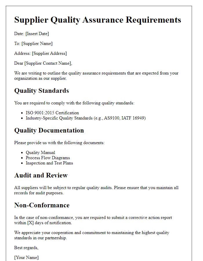 Letter template of supplier quality assurance requirements