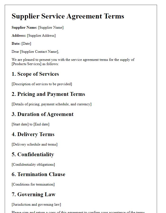 Letter template of supplier service agreement terms