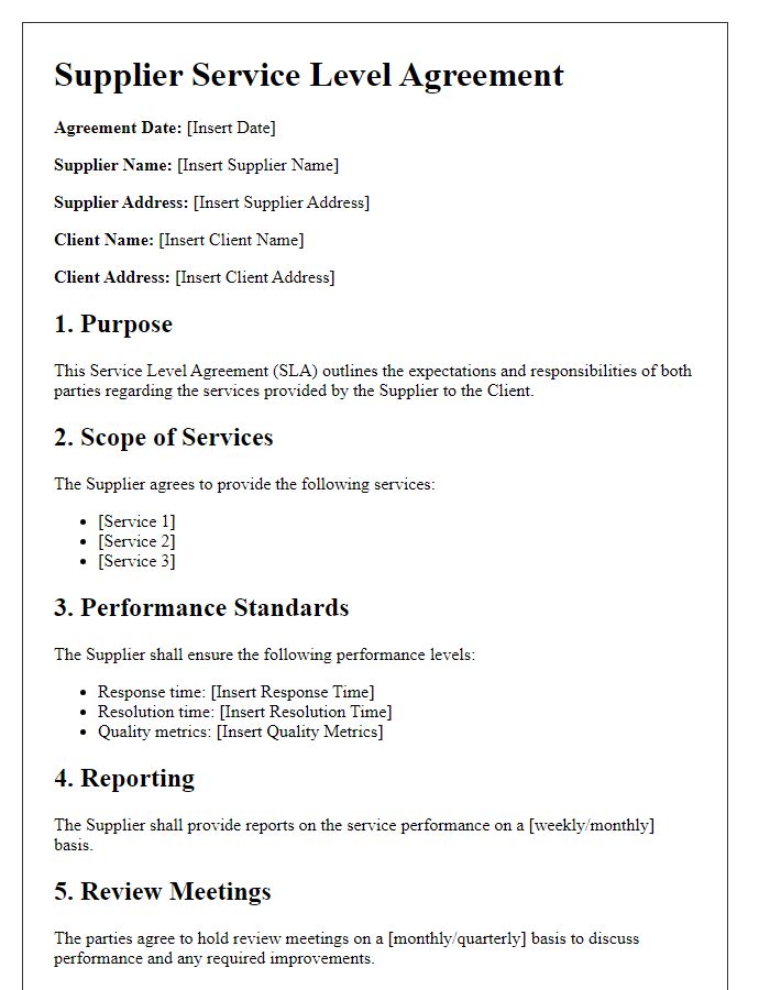 Letter template of supplier service level agreements