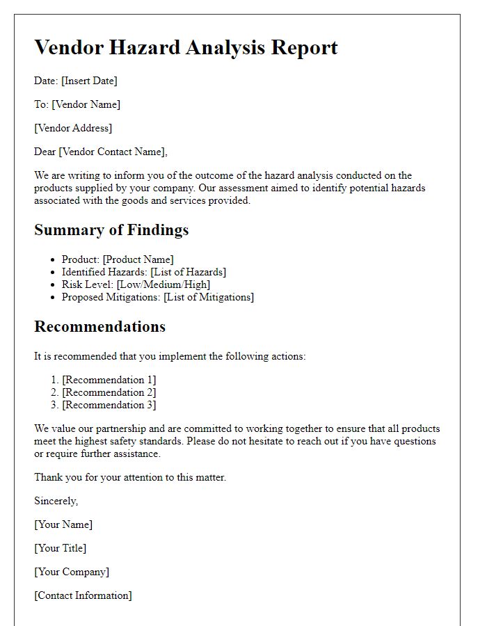 Letter template of vendor hazard analysis