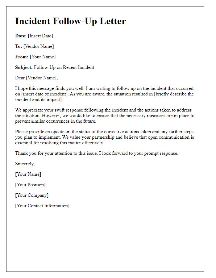 Letter template of vendor incident follow-up