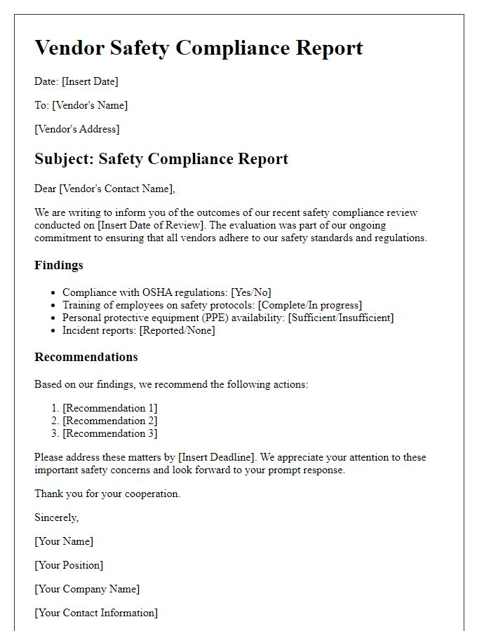 Letter template of vendor safety compliance report