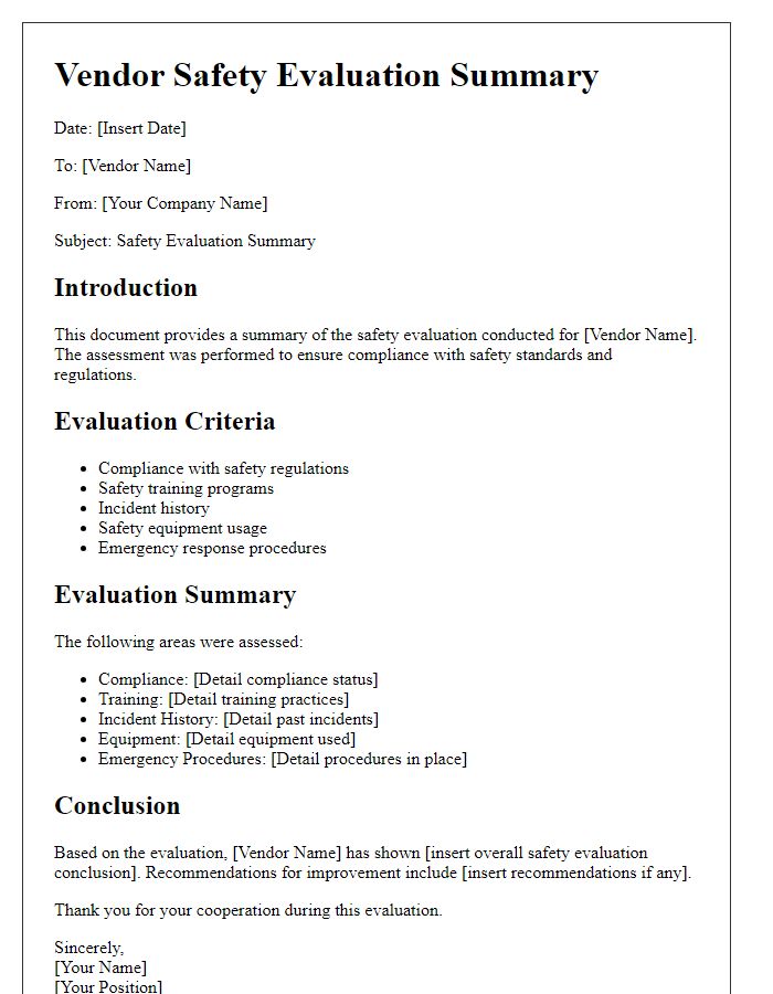 Letter template of vendor safety evaluation summary