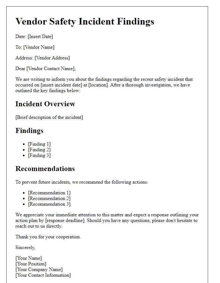 Letter template of vendor safety incident findings