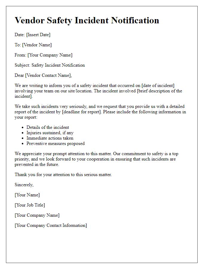 Letter template of vendor safety incident notification