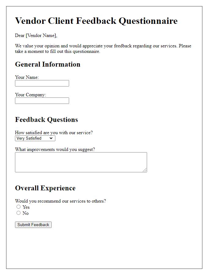 Letter template of vendor client feedback questionnaire