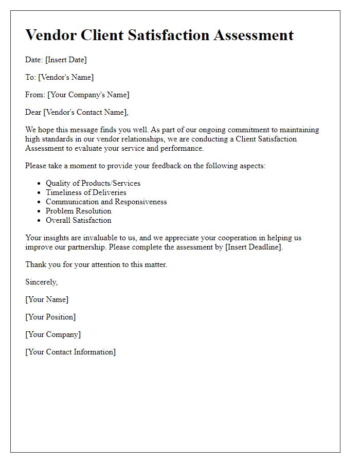 Letter template of vendor client satisfaction assessment