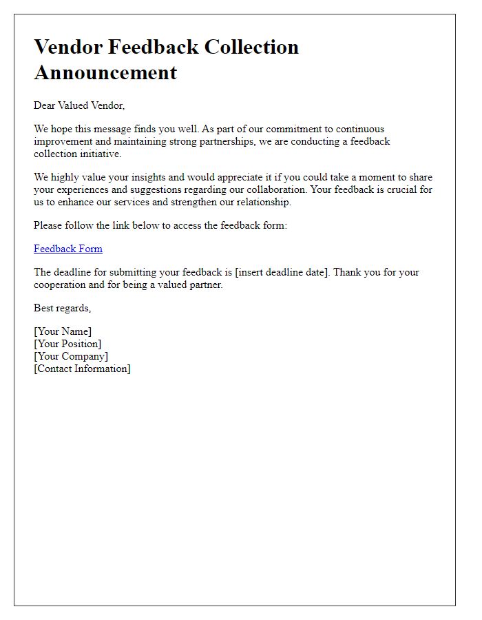 Letter template of vendor feedback collection announcement