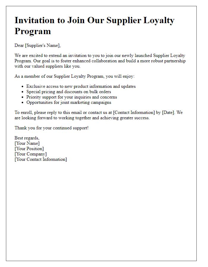 Letter template of Supplier Loyalty Program Invitation for Enhanced Collaboration