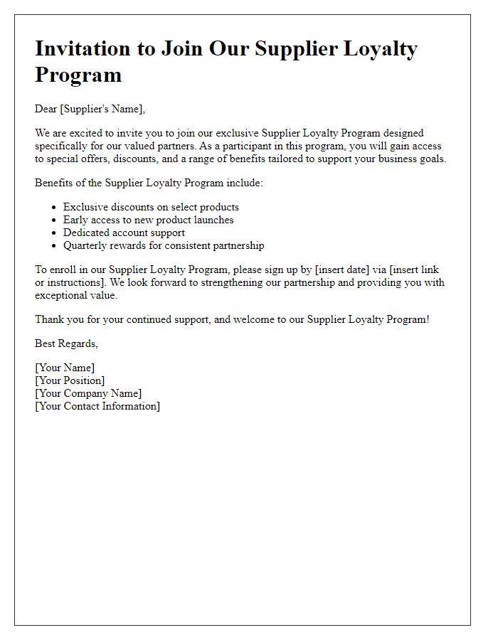 Letter template of Supplier Loyalty Program Invitation for Exclusive Offers