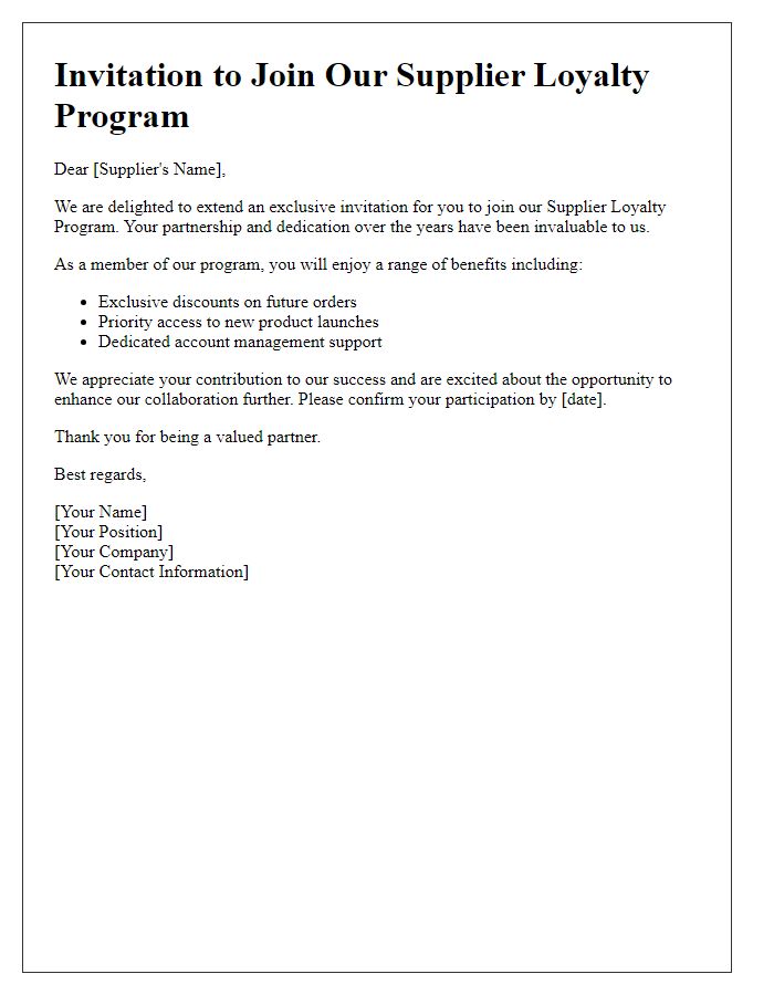 Letter template of Supplier Loyalty Program Invitation for Long-standing Suppliers