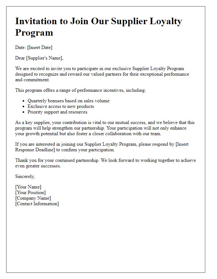 Letter template of Supplier Loyalty Program Invitation for Performance Incentives