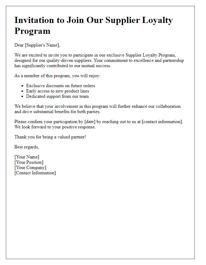 Letter template of Supplier Loyalty Program Invitation for Quality-Driven Suppliers