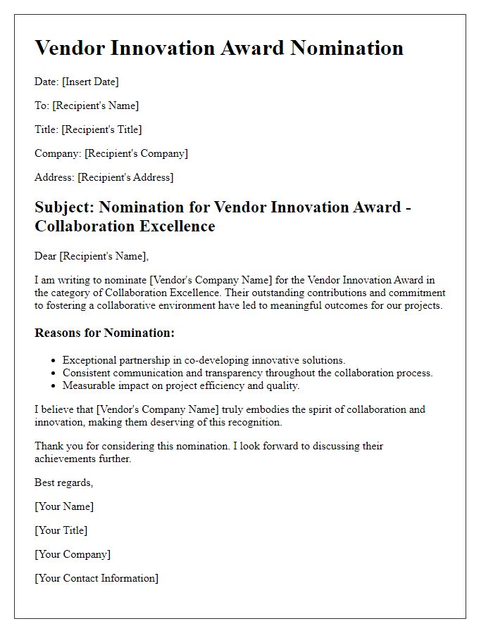 Letter template of Vendor Innovation Award Nomination for Collaboration Excellence