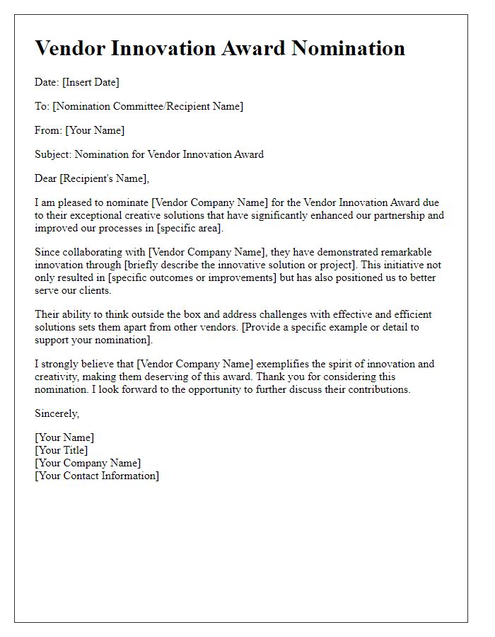 Letter template of Vendor Innovation Award Nomination for Creative Solutions