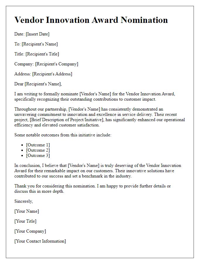 Letter template of Vendor Innovation Award Nomination for Customer Impact