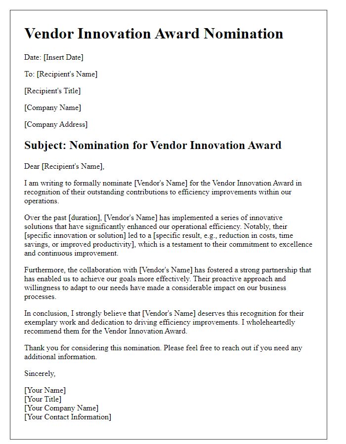 Letter template of Vendor Innovation Award Nomination for Efficiency Improvements