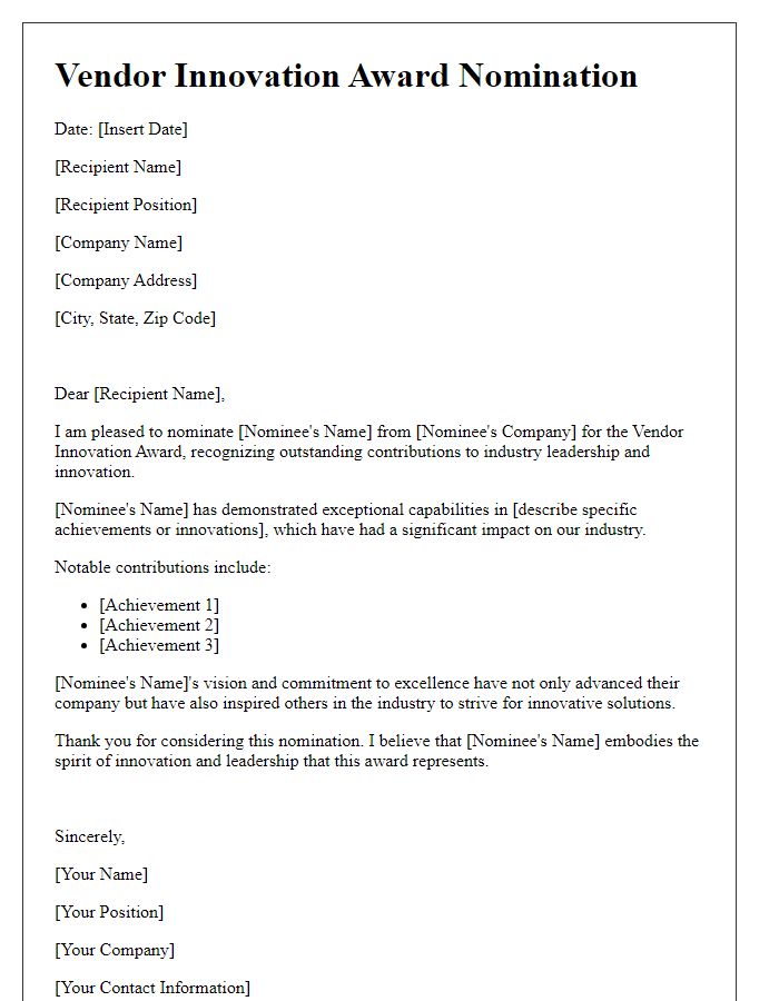 Letter template of Vendor Innovation Award Nomination for Industry Leadership