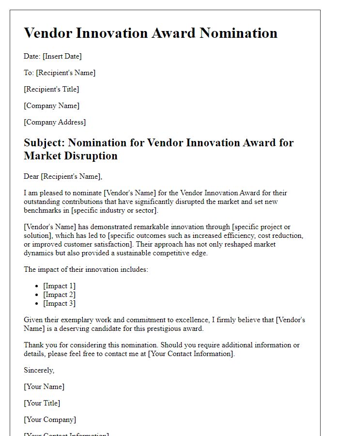 Letter template of Vendor Innovation Award Nomination for Market Disruption