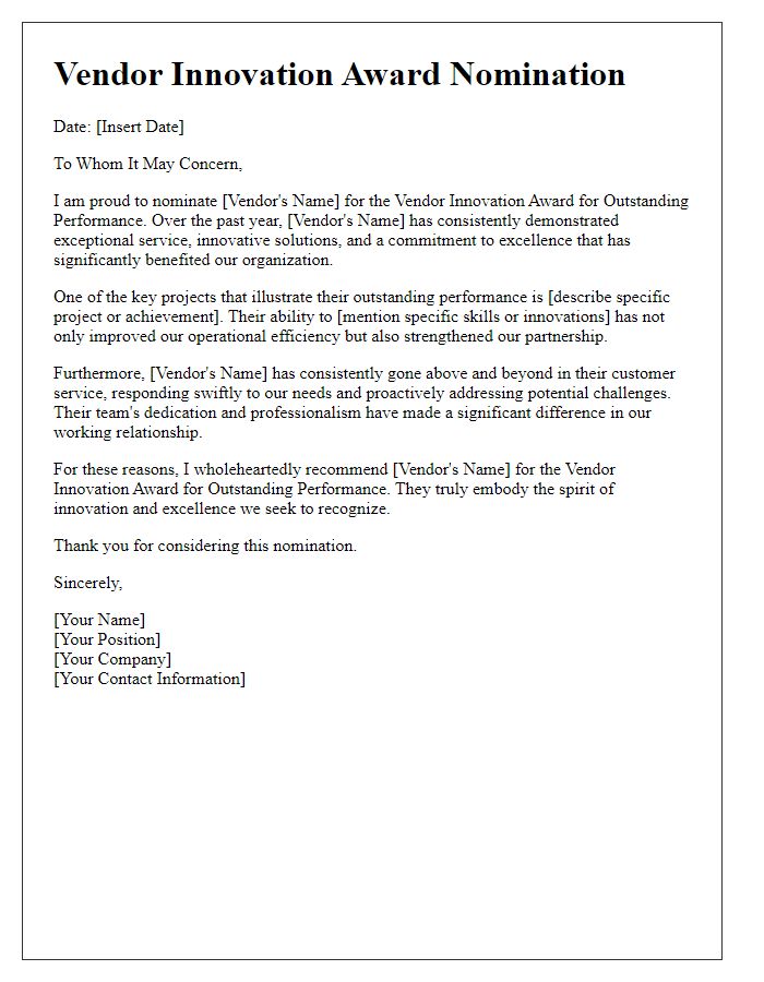 Letter template of Vendor Innovation Award Nomination for Outstanding Performance