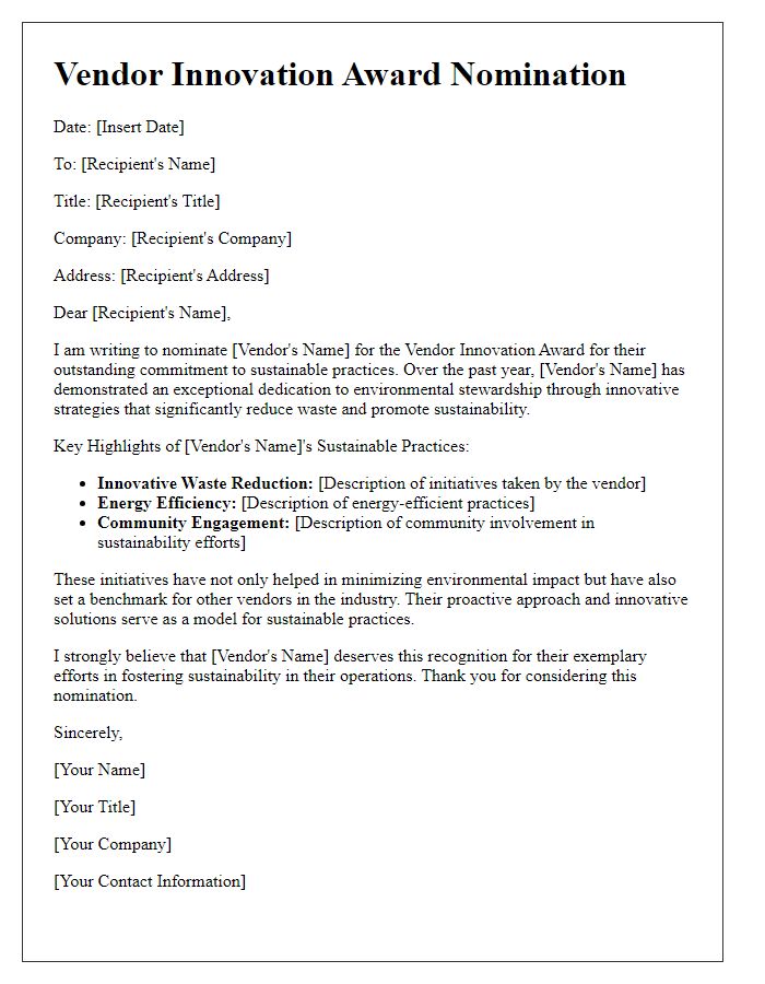 Letter template of Vendor Innovation Award Nomination for Sustainable Practices