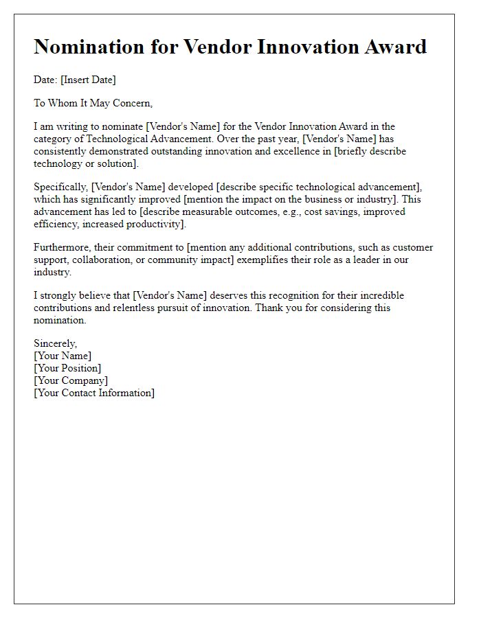 Letter template of Vendor Innovation Award Nomination for Technological Advancement