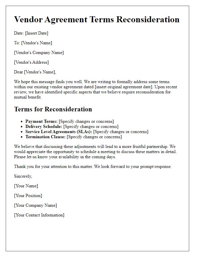 Letter template of vendor agreement terms reconsideration