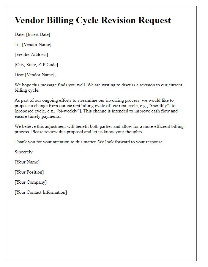 Letter template of vendor billing cycle revision