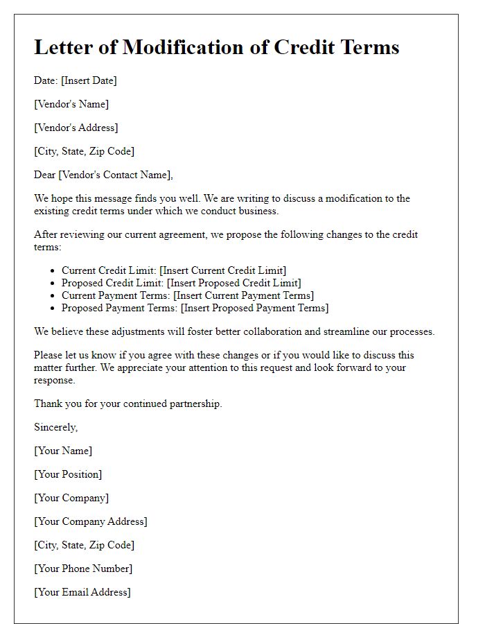 Letter template of vendor credit terms modification