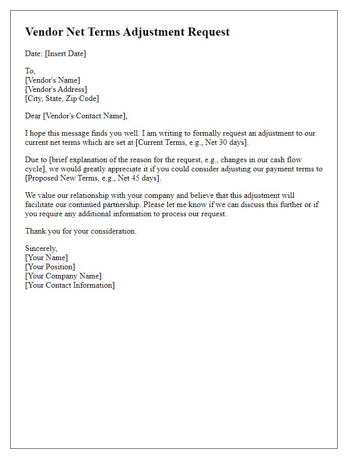 Letter template of vendor net terms adjustment request