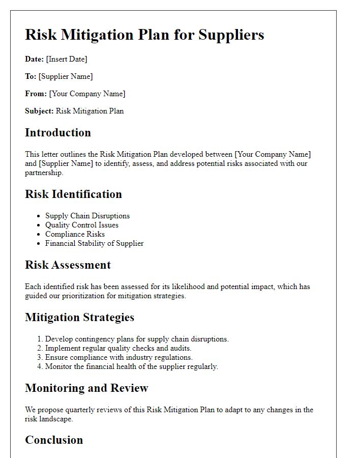 Letter template of risk mitigation plan for suppliers